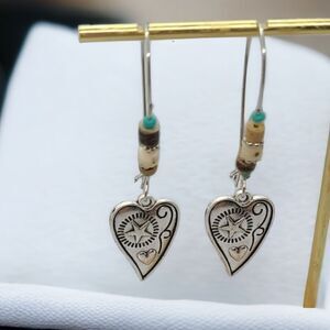 Engraved Heart Silver Dangle Earrings Turquoise Beaded Western Boho Jewelry NWT